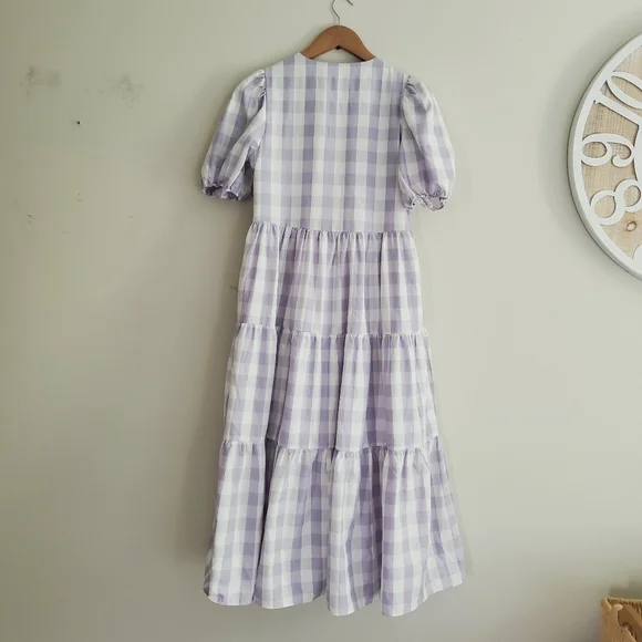 English Factory Gingham Tiered Puff Sleeve Midi Dress Lilac Lined - Picture 2 of 8